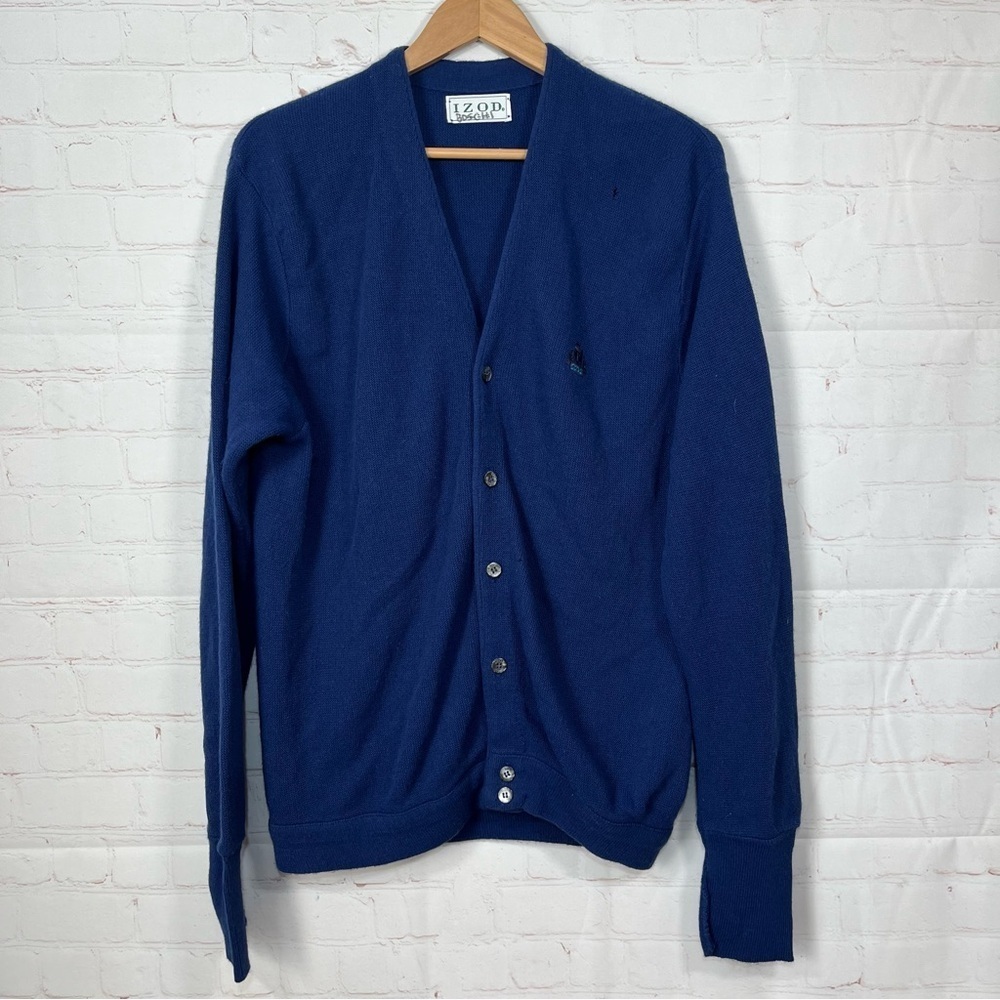 Vintage IZOD Grandpa Cardigan Mens Size Large Blue Embroidered Made In USA
